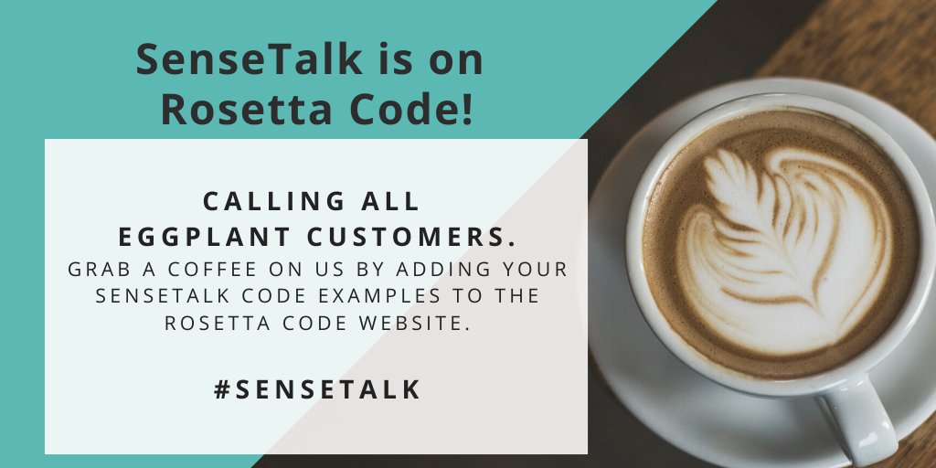eggplantio's tweet photo. Did you hear?! #SenseTalk is on #RosettaCode! To celebrate why not grab a coffee on us! All you have to do is complete an unimplemented SenseTalk task on Rosetta Code, send it to us at rosettacode@eggplant.io & we'll send you a Starbucks voucher! https://t.co/9iNxtxxdOH #coding https://t.co/aIgRyExyUB