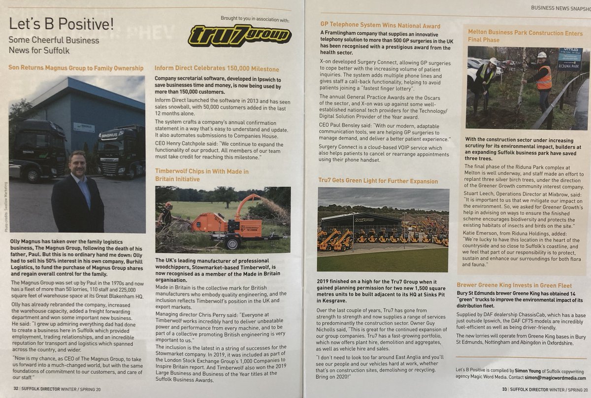Pleased to write another positive business news round-up for the latest issue of <a href="/SuffolkDirector/">Suffolk Director Mag</a> (and a separate one for <a href="/NorfolkDirector/">Norfolk Director Mag</a>). Regional companies are doing some great business, so it's good to celebrate it!
