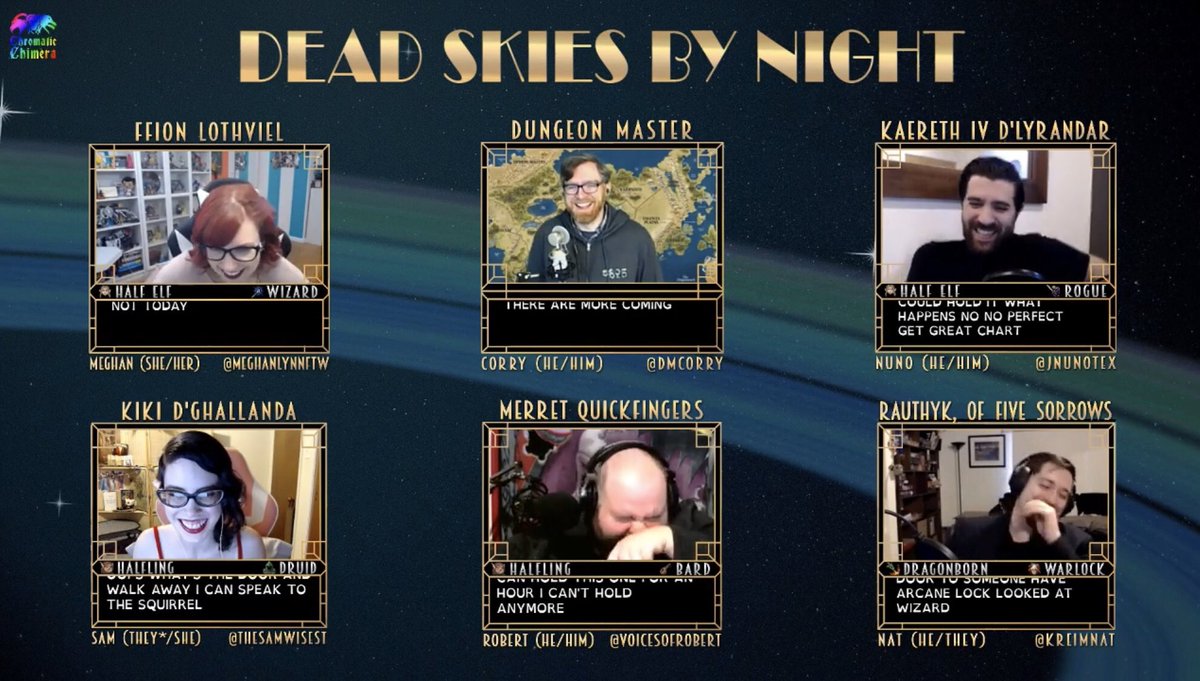 Screenshot of Dead Skies by Night with everyone laughing in their gold-webcam frames. The background is a starry night sky with a ringed planets rings.