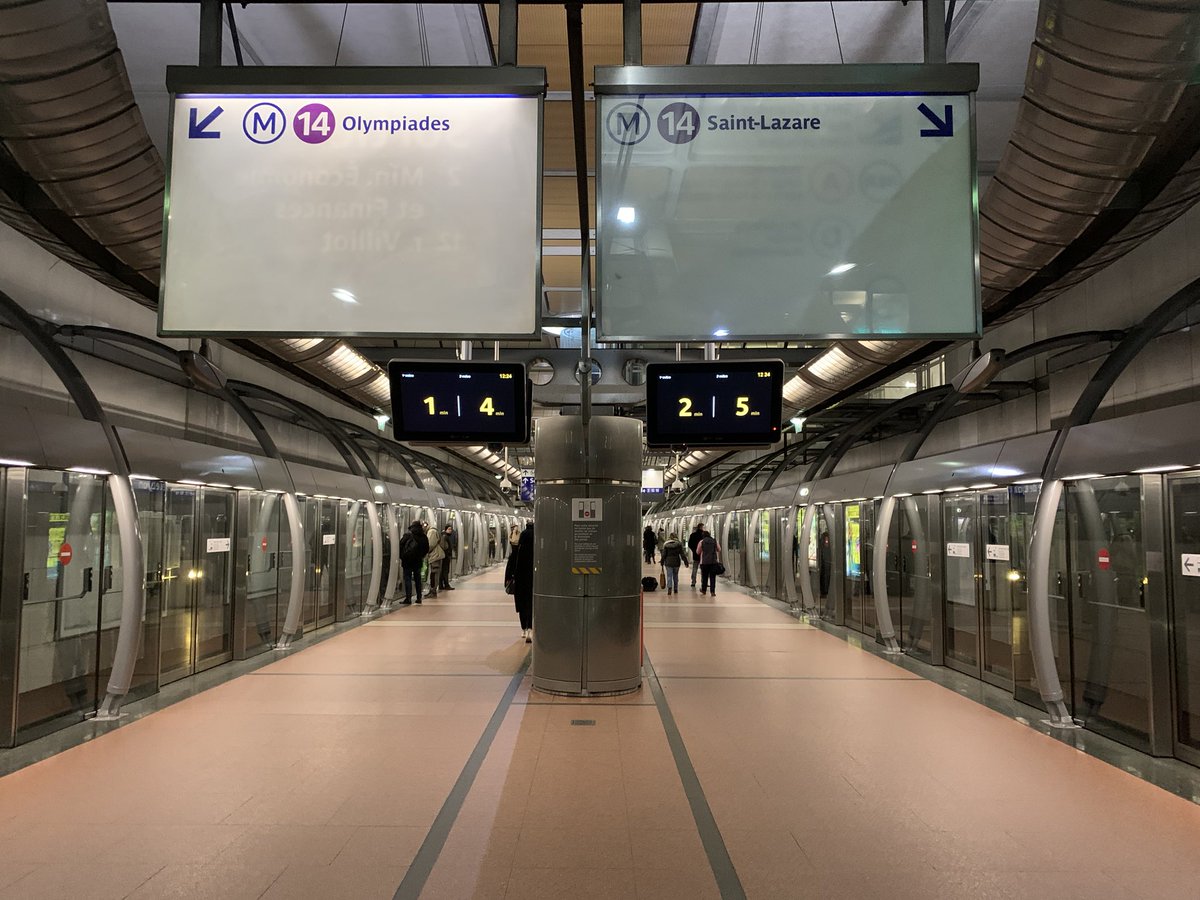 Information design relies on distraction-free reading experience. At this Paris metro station, upon entering the platform, signs give the direction of travel. Further away, large boards give the wait time in a clear, distinct and legible way. No need to add more!