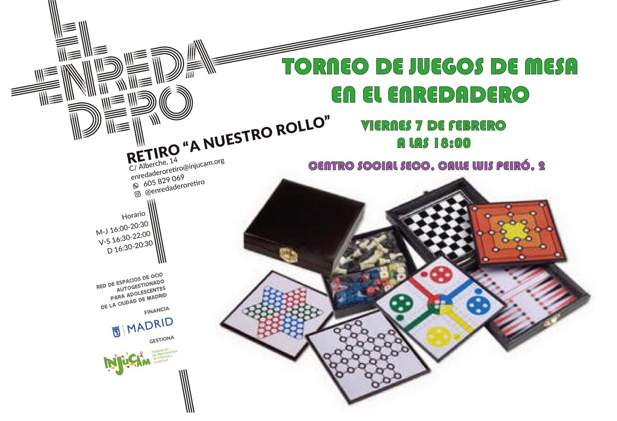 MadridPSociales's tweet photo. Hoy nos juntaremos para realizar torneos de juegos de mesa 🎲♣️🃏♠️ en el #EnredaderoRetiroANR #ANuestroRollo 👍🏽Vente a disfrutar de una magnifica tarde de viernes y trae tus propios juegos.
¿Dónde? en el Centro Social Seco. C/ Luis Peiró, 2, de 6 a 9 de la tarde. @JMDretiro https://t.co/FUSR6Z9LZf