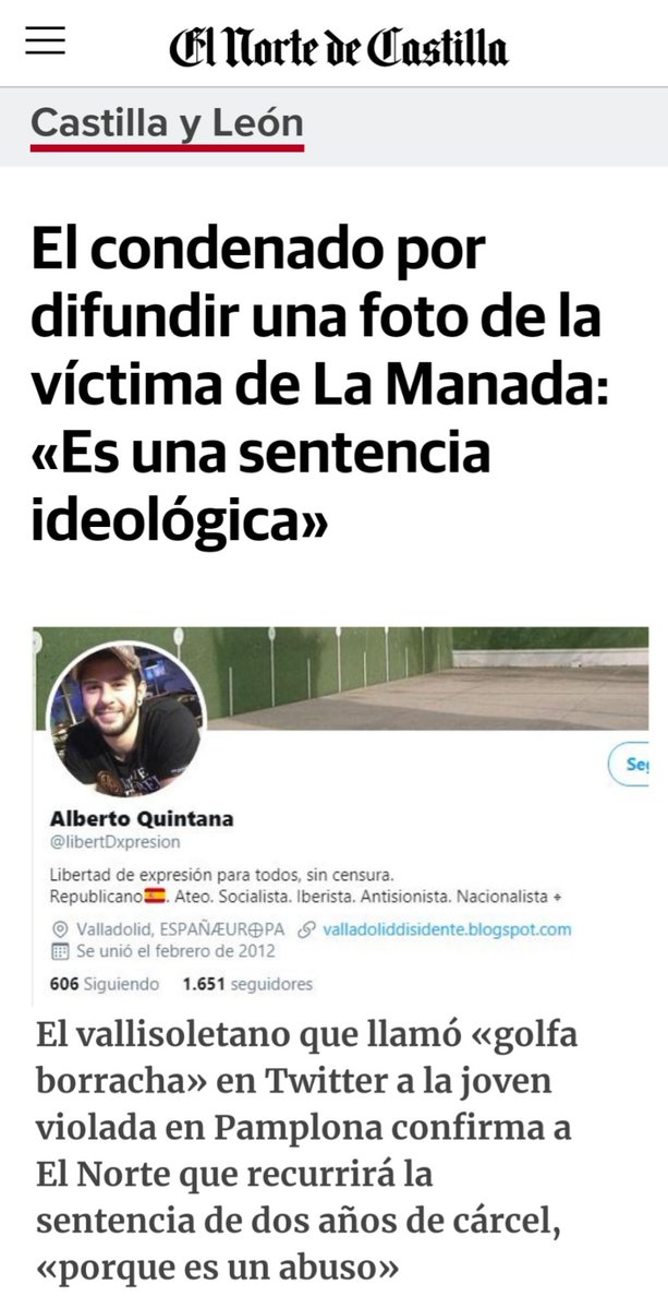 Locarconio's tweet photo. 🔴 Alberto Quintana está afectado porque está opositando y la sentencia, dice, le puede arruinar la vida.

¿Por qué Alberto no pensó que podía arruinar la vida de esa chica cuando difundió la foto de ella siendo violada?

Pues porque la vida de ella no importa, ¿no, Alberto? https://t.co/1IJoQjgFDO
