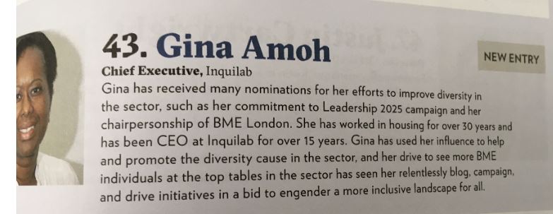 Well done Gina Amoh Chair @Bmelondonrsl CE @InquilabHA @Leadership2025 who's made the @24housing #PowerPlayers list this year 🙂