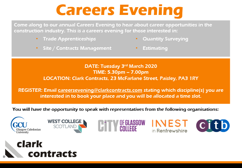 DYWWEST's tweet photo. The @clark_contracts Careers Evening returns for 2020! 🚨

Tuesday 03/03/20 📆
5.30pm-7pm ⏰
Clark Contracts, 23 McFarlane Street, Paisley, PA3 1RY 📍

To register, email careersevening@clarkcontracts.com confirming what discipline you're interested in! 📩

#DYW | #YoungWorkforce https://t.co/MAq4pZYuY4