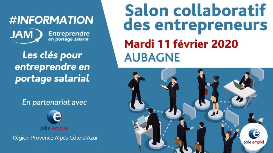 Porteurs de projets, entrepreneurs en devenir, ce mardi 11 février, partez à la rencontre de <a href="/JAMPortage/">JAM Portage Salarial</a> lors du Salon collaboratif des entrepreneurs à #Aubagne avec le @poleemploi_paca Rendez-vous au stand 4 à l’Espace des Libertés ! 
Infos &amp; inscriptions bit.ly/2NOquEU