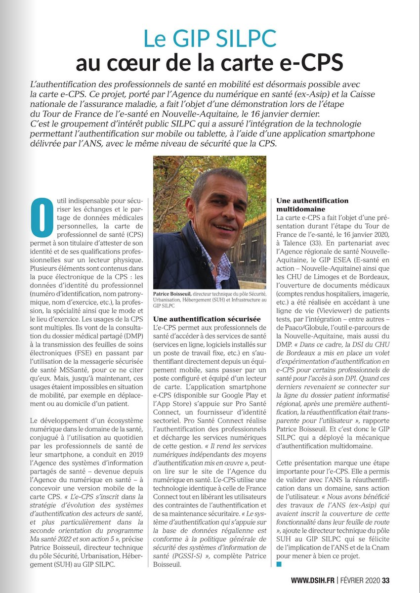 📣On en a parlé au #TDFesantéNA avec <a href="/esante_gouv_fr/">Agence du Numérique en Santé</a>, la carte e-CPS est bien au cœur des projets du @GIP_SILPC et c'est à lire dans <a href="/DSIH_esante/">DSIH</a> de février ou à retrouver ici👇silpc.fr/silpc/espace-p… 
#CPS #SI #esante