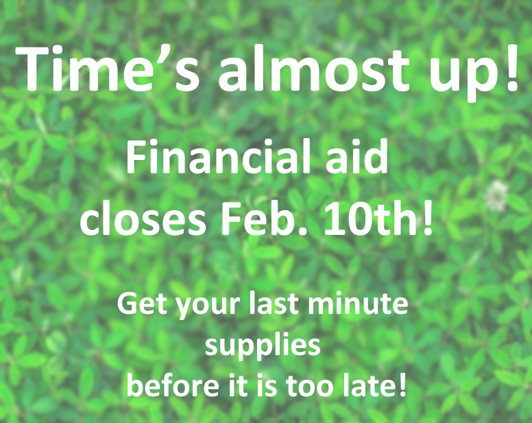 thecbmstore's tweet photo. Time is almost up!
February 10th is the last day to use your Financial Aid in the bookstore and online! https://t.co/8Iep4WH6NB