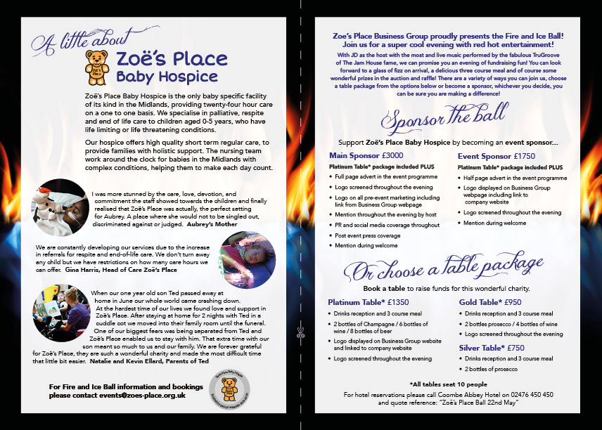 Zoe’s Place Business Group proudly presents the Fire and Ice Charity Ball! Join us for a super cool evening with red hot entertainment on Friday 22nd May 2020 at award winning and prestigious @CoombeAbbey @TruGrooveBand
