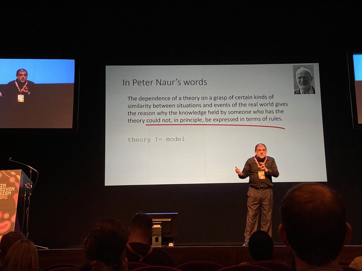 s89's tweet photo. Commonality/variability analysis by @apoupko at #DDDEU: whenever editing a representation, be aware if you’re changing the #DomainTheory or the #DomainModel. https://t.co/gz7DTMCHZa