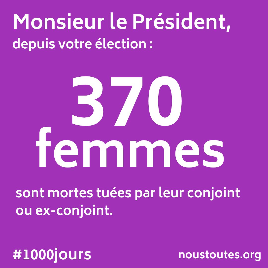 Monsieur <a href="/EmmanuelMacron/">Emmanuel Macron</a> , depuis votre élection, 370 femmes ont été victimes de féminicides. 

Vous ne faites pas assez pour votre "grande cause du quinquennat". Loin de là. 

#1000jours

Source : <a href="/feminicidesfr/">Féminicides Par Compagnons ou Ex</a> 

noustoutes.org