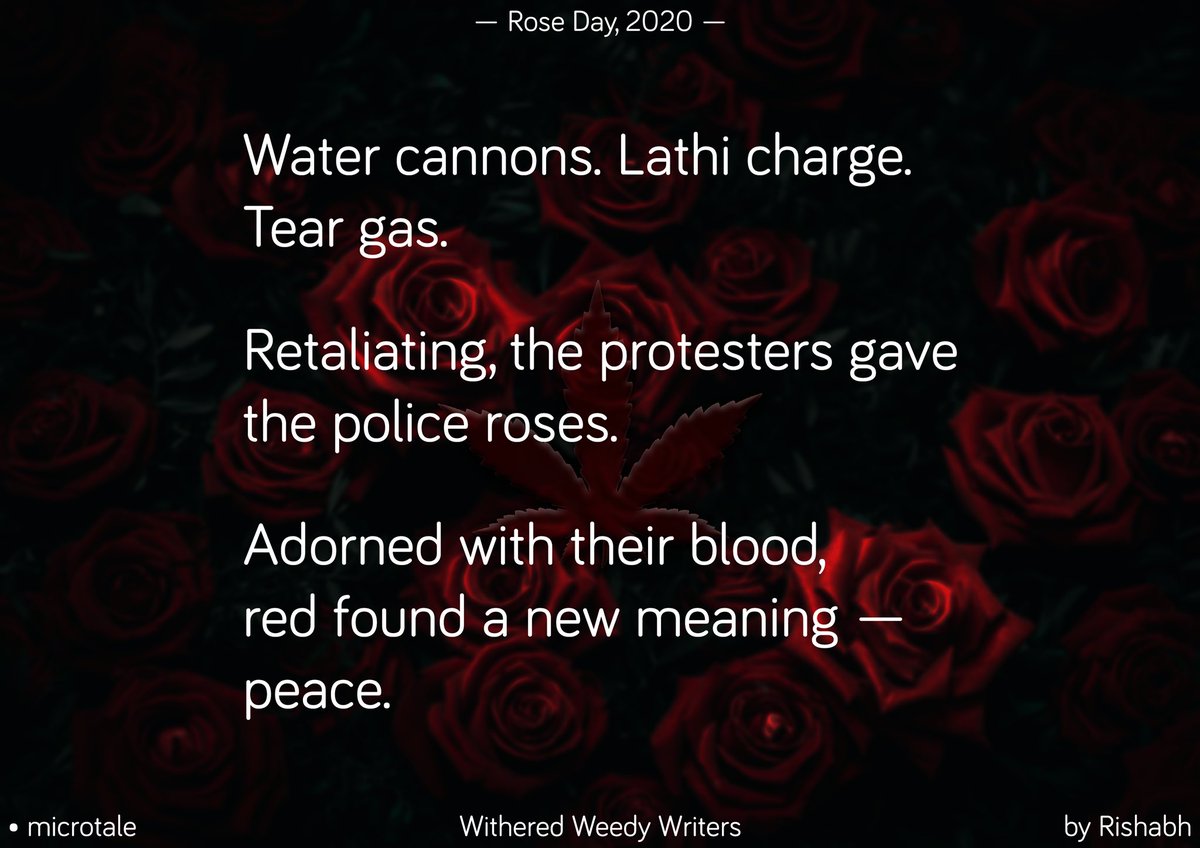 WritersOfWWW's tweet photo. MicroTale on 'red' by Rishabh.
—
With a red rose, symbolic of all things romantic, we at WWW start off with the #weekoflove. So join us, the stoners, as we celebrate #RoseDay. Cheers!
—
#valentine #valentinesday #valentinesweek #IndiaAgainstCAANRC #EqualityForAll #BanCAA #BanNRC https://t.co/F4n1HH7cbL