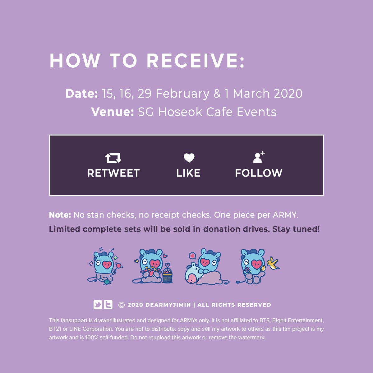 dearmyjimin's tweet photo. [PLS RT]

♣️♦️♥️♠️
Hoseok's bday free FS [🇸🇬only]
🕐15, 16, 29 Feb &amp; 1 Mar
📍Hobi fancafe events (open twt for schedule)
☀️Mang Poker Cards, 1 each (FCFS)
💜Sample reveals at #dmjfssamples

See you!🌻 https://t.co/rn5dr8SHuY