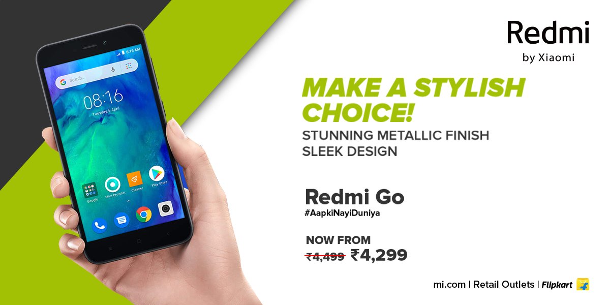 RedmiIndia's tweet image. A stylish #AndroidGo phone below ₹5,000.

Get #RedmiGo from mi.com, @Flipkart &amp;amp; Retail Outlets.