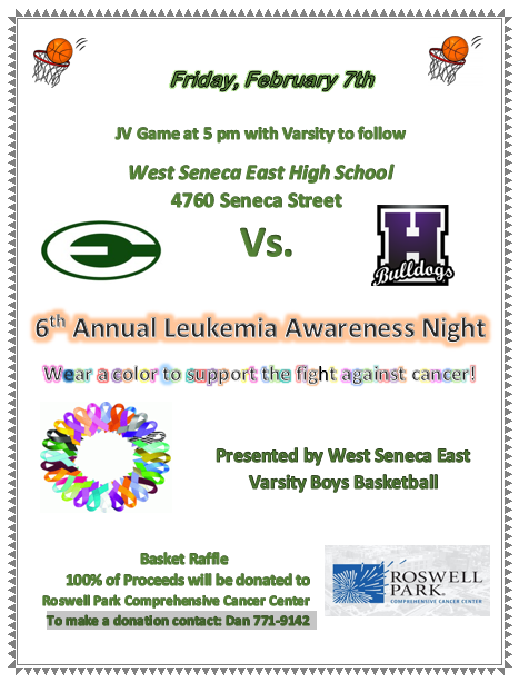 WestSenecaCSD's tweet photo. East’s boys varsity basketball team will host its sixth annual Leukemia Awareness Night tonight at East High School, 4760 Seneca St. Attendees to the 5 p.m. JV game or varsity game after are asked to wear a color to support the fight against cancer. https://t.co/1sXGsdPmwZ