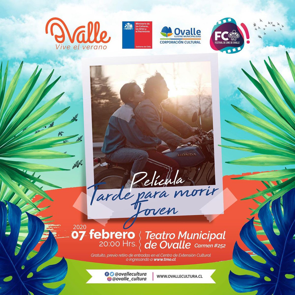 Hoy viernes tenemos el mejor panorama: la exhibición de la película "Tarde Para Morir Joven" 🎞🎬.
Entradas en tmo.cl🎟
⏰ 20:00 hrs.
📌 Teatro Municipal de #Ovalle. Carmen #252

<a href="/FestCineOvalle/">Festival Cine Ovalle</a>