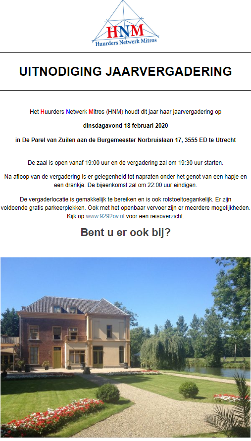 HNMitros's tweet photo. Heb jij je al aangemeld voor de jaarvergadering van HNM op 18-02-'20? 
Aanmelden kan nog tot a.s. zondag 09-02!
Meldt je dus snel aan via: https://t.co/TTUe6HzMBR

(like, tag en deel)
#huren #huur #socialehuurwoning #mitros #huurdersparticipatie #wonen #utrecht #nieuwegein https://t.co/EZ4y0dRyX2