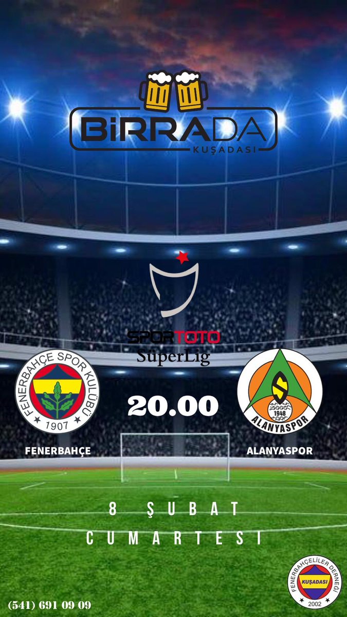 Fenerbahçe-Alanyaspor
🗓Cumartesi
⏰ 20.00
📍Birrada
#OmuzOmuzaŞampiyonluğa

📌Maç ücreti yoktur.
📌Liman (Ege Ports) Otoparkına dernek üyelerimiz 18.00-00.00 arası toplamda 10₺’ye araçlarını park edebilirler.
Rezervasyon için;
Whatsapp linki: bit.ly/2VI2tRp
05416910909