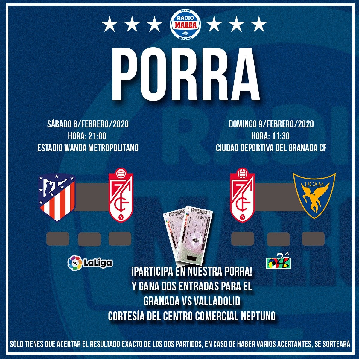 rmarcagranada's tweet photo. 🥳 Vuelve #LaPorraDelNeptuno. Llévate 🎟 2 entradas para el #GranadaValladolid.
1⃣ RT
2⃣ Acierta el resultado del #AtleticoDeMadridGranada
3⃣ Y el pronóstico del #RecreativoGranadaUcamMurcia https://t.co/LsUYowpFM0