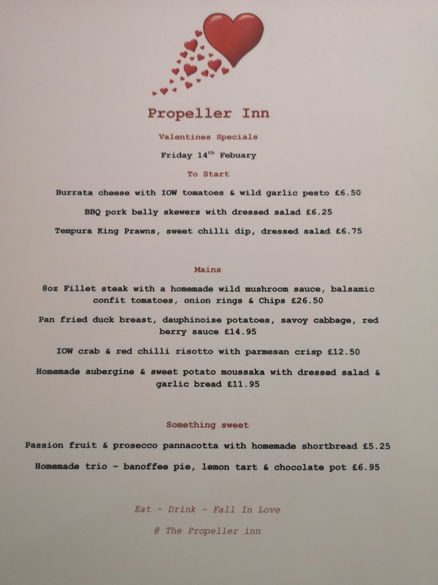 PropellerInn's tweet image. 💞Still not booked anywhere for Valentines Day?  We have 4 tables left! Call 01983 873611 to reserve 💞
We will be serving our valentine&apos;s specials, main menu &amp;amp; our steak night menu 💞💞