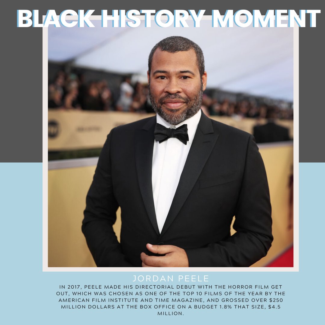 RadioPGCC's tweet photo. Our #BlackHistoryMoment of the day. In 2017, Jordan Peele made his directorial debut with the horror film Get Out, which was chosen as one of the top 10 films of the year by the American Film Institute and Time magazine. The movie and Peele received numerous accolades. https://t.co/PAwqyt9M8y
