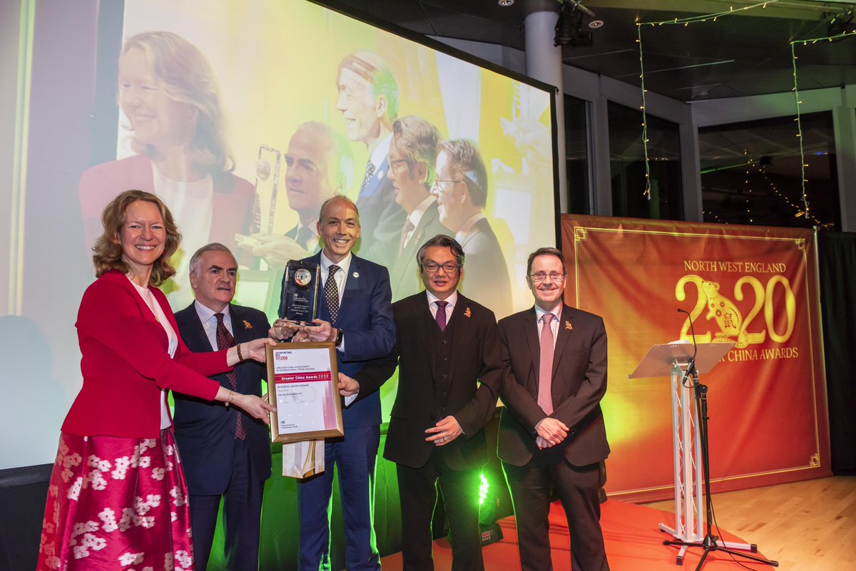 We were delighted to be awarded Business of the Year at the Greater China Awards on 31st January! 

Here's CEO Ross McMahon collecting the award, presented by Richard Burn HM Trade Commissioner for China, Marian Sudbury OBE and Mr Zheng Xiyuan,  PRC Consul General Manchester