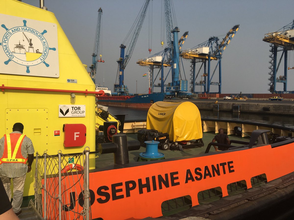 DKAmbGhana's tweet photo. Tema port has purchased three new tugboats each with a capacity to pull vessels weighing up to 85 tons. Denmark is proud to have supported the new port by training of tugboat operators in Aarhus #DanPilot also previously trained pilots who are now at work in the port https://t.co/cVA93ksgLl