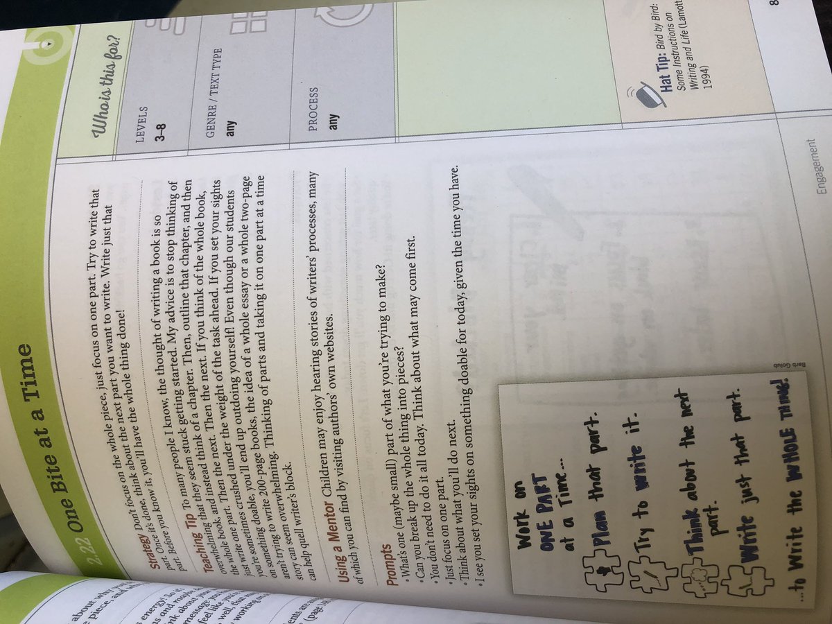 KenseyEdgar's tweet photo. “One Bite at a Time” is a scaffolding technique that can help struggling writers feel less overwhelmed. #SWGADemonstratingMeaning @JSerravallo #writingstrategiesbook https://t.co/PPbU1r2DPG