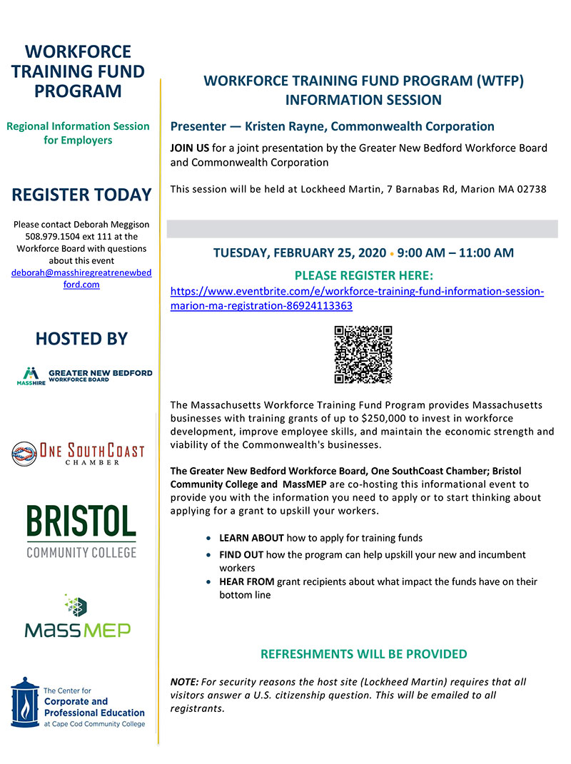 GNBWIB's tweet image. WORKFORCE TRAINING FUND PROGRAM (WTFP) INFORMATION SESSION
February 25 @ 9:00 am - 11:00 pm
Presenter — Kristen Rayne, Commonwealth Corporation
Regional Information Session for Employers

Follow this link for details: 
masshiregreaternewbedford.com/event/workforc…

#WorkforceTrainingFund