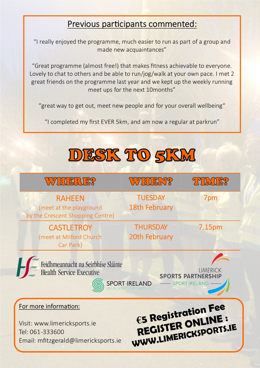 Limericksports's tweet photo. Desk to 5k is backπππ
Starting the 18th & 20th February in Dooradoyle and Castletroy respectively. Make sure to register online as places fill up fast: https://t.co/OaUWG3dxcf #activelimerick #deskto5k #gettinglimerickactive #getupandgetout https://t.co/izuwafCily