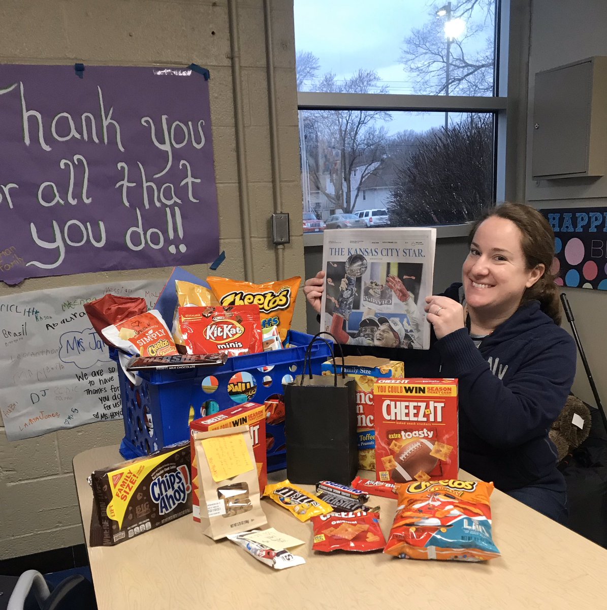 CHeers to our counselor, Tabitha Jarrett.  All things “ch”-
Chocolate, Cheetos, cheese its, chips, CHIEFS!! <a href="/TrumanHMC1/">TrumanWildcatsHMC1</a> <a href="/HMC1Proud/">Hickman Mills C-1 School District</a>