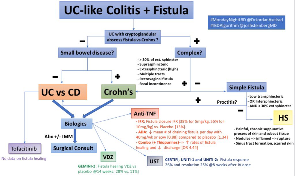 joshsteinbergMD's tweet photo. Are #Crohns and #UC distinct entities, or part of an #IBD spectrum? Awesome @MondayNightIBD discussion this week led by @DrJordanAxelrad, exploring medical management of complex #fistula. Take a look at this week’s #IBDAlgorithm. @DCharabaty #MondayNightIBD #MedEd #MedTwitter https://t.co/dG1FwLiJTM