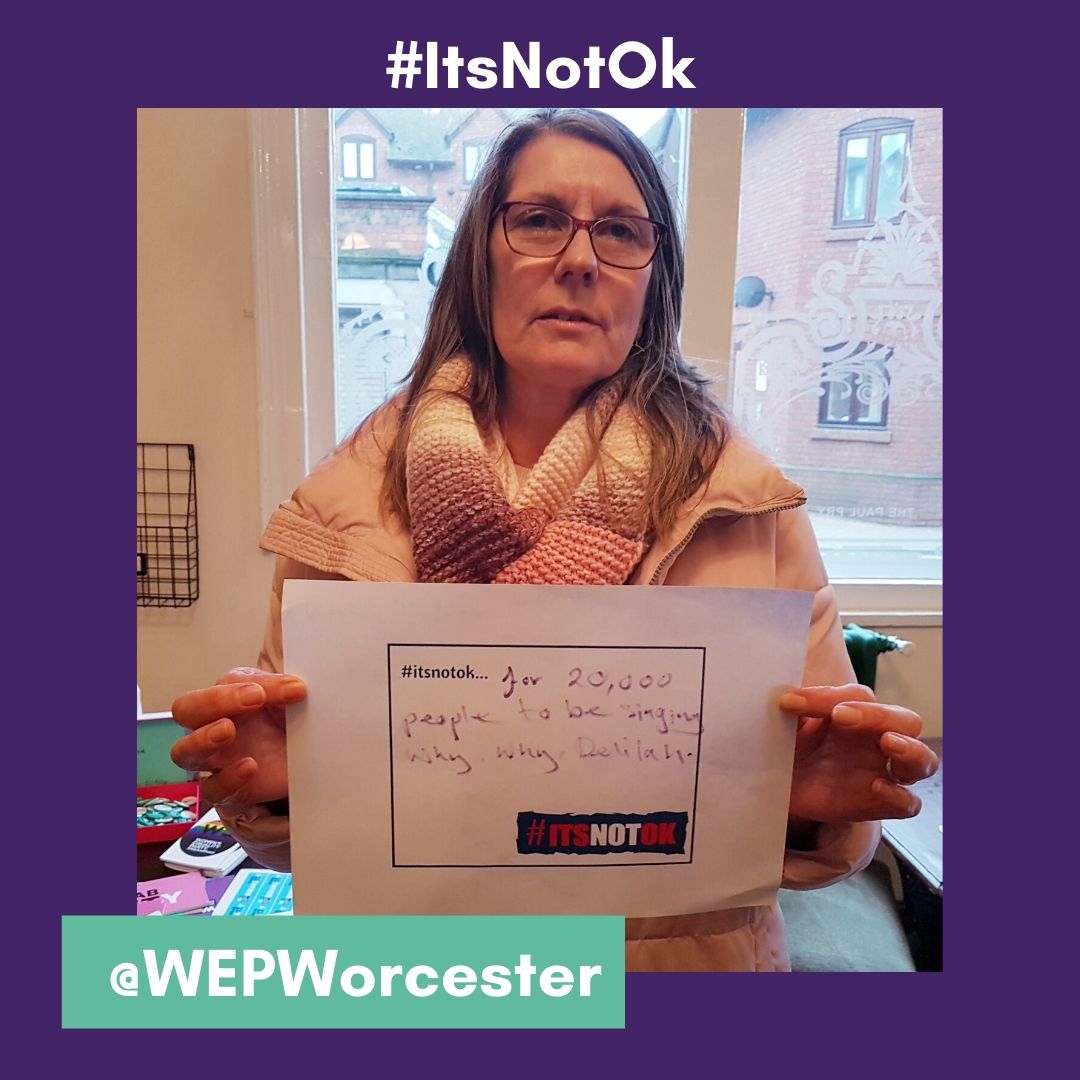 wepworcester's tweet photo. It's #SexualViolenceAwarenessWeek. Our members & supporters say #ItsNotOK for 20,000 people to be singing 'Why, Why, Why Delilah'.
Feminists have been challenging this #TomJones classic at #mensrugby & #mensfootball for years https://t.co/yhwJfRlcjB?
#ItsNotOK2020 @WEP_UK https://t.co/V5WbyIb6bg