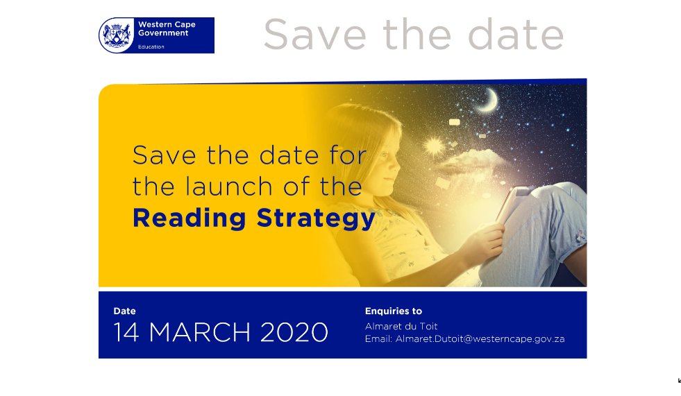 WCEDnews's tweet image. Save the date!! On 14 March 2020, the WCED will be launching the Reading Strategy - more details to come! #WCReading @KarenR_Dudley18