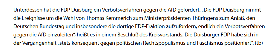 <a href="/Korrektheiten/">Manfred Kleine-Hartlage</a> Selber Artikel: FDP Duisburg fordert #AfD-Verbot