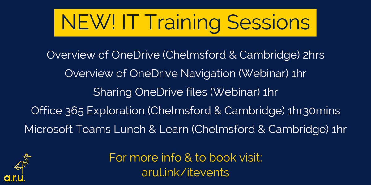 ARU_ITSNews's tweet photo. We have launched a number of new Microsoft Office training sessions for our @angliaruskin staff, whether you are looking to learn more about OneDrive, MS Teams or want to explore Office 365 we have a course for you! For course dates &amp; to book visit https://t.co/AoAKWmIWDW https://t.co/fz3WrkPe3V