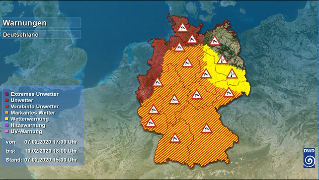 DWD_presse's tweet photo. Es wurden VorabINFORMATIONEN zu den erwarteten Orkanböen Sonntag/Montag ausgegeben. 
Eine Vorabinformation weist auf potentielle Unwetter hin, akute Warnungen erfolgen zu einem späteren Zeitpunkt. 
Details: im Web (https://t.co/YyavIu81Zw) und in der WarnWetter App. #Sabine /V https://t.co/9a8aB4UQgX