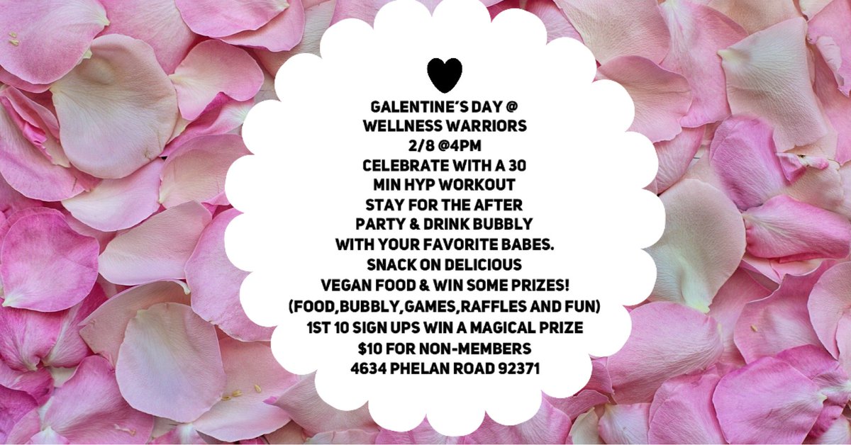 SoulfulSweat's tweet photo. Tomorrow is Galentine’s Day at Wellness Warriors Bootcamp 💃🏻 Come for a HYP workout (cardio with some bellydance moves), nosh on some vegan food, shop, win prizes, and enjoy some great company with some great ladies! Walk-ins welcome!

#wellnesswarriors #highdesert #phelan https://t.co/H071W1w2GP