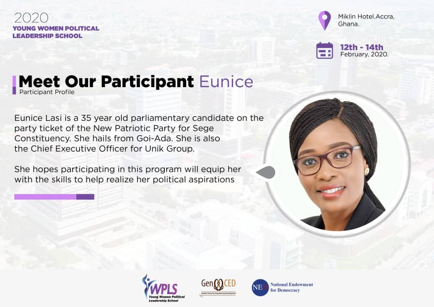 GenCEDgh's tweet photo. Meet Eunice Lasi, a Parliamentary candidate for Sege on the ticket of @NPP_GH. She hopes the #YWPLS will equip her with the skills to help her realize her aspirations. @NPP_GH @NEDemocracy @WYMDnetwork @IRI_Africa @mwas_2 https://t.co/DJfxaX6nE3
