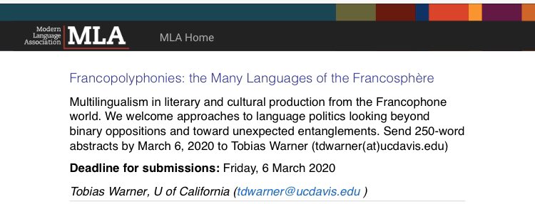 LLCFrancophone's tweet photo. New co-sponsored panel (LLC Francophone and African to 1990) on “Extraction and African Literatures” (Deadline:March 15). Don’t forget to submit your abstract for the two other LLC Francophone panels on “Cultural (Mis)appropriation” and “Francopolyphonies” (Deadline: March 6). https://t.co/HMu0RpMcga