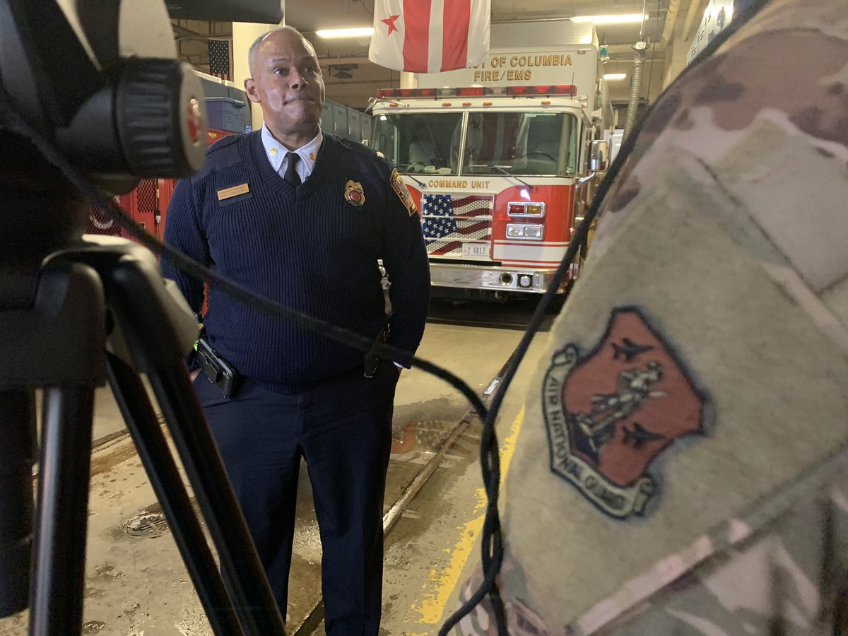 dcfireems's tweet photo. Before heading home to WV - those attached the @NationalGuard WVANG - 130th Airlift Wing - who supporting the State of the Union - interviewed Deputy Fire Chief Hawkins, who headed #DCBravest protection plan on Tuesday. Teamwork =s Success. Thank you. https://t.co/5j7bkRH3ZK