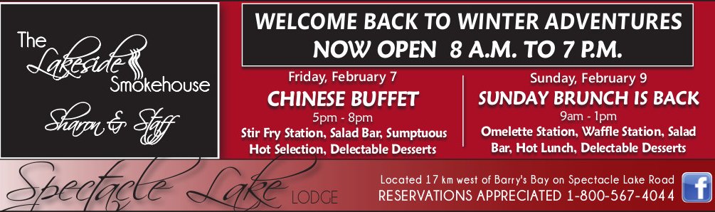 Join us at Spectacle Lake Lodge this evening, February 7th, for our Chinese Buffet.  5pm to 8pm.

Also, our Sunday Brunch is back, starting Sunday, February 9th!  9am to 1pm.
 #SpectacleLakeLodge