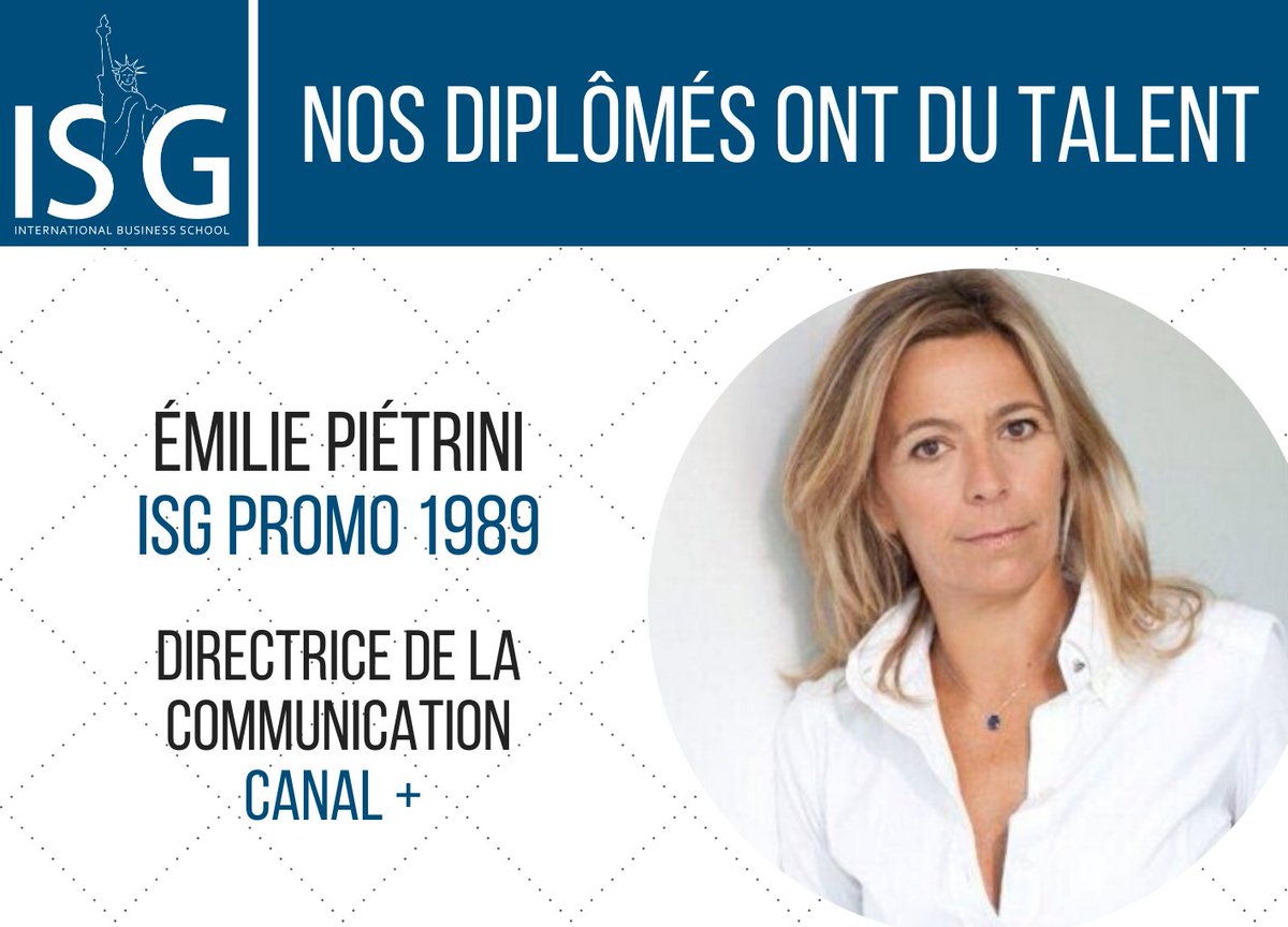 ISG's tweet photo. Nos félicitations à Emilie Pietrini qui est promue Directrice de la communication du groupe CANAL+ Group. 👏

#ISGAlumni https://t.co/lAx332EMwc