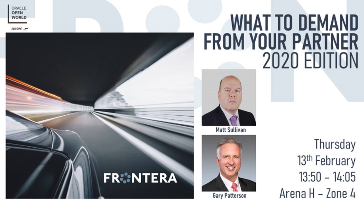 Frontera_Conslt's tweet photo. What to Demand from Your Partner
It’s a changing world, and the pace of change is only accelerating.
Come see Gary &amp; Matt at #OOWLON,13th Feb, 1.50pm, Arena H – Zone 4!
Register here: https://t.co/Dk7HJs1Udu

#fronteraoow #oow2020 #drivingclientsuccess #choosingtherightpartner https://t.co/4S0OGY0Zvh