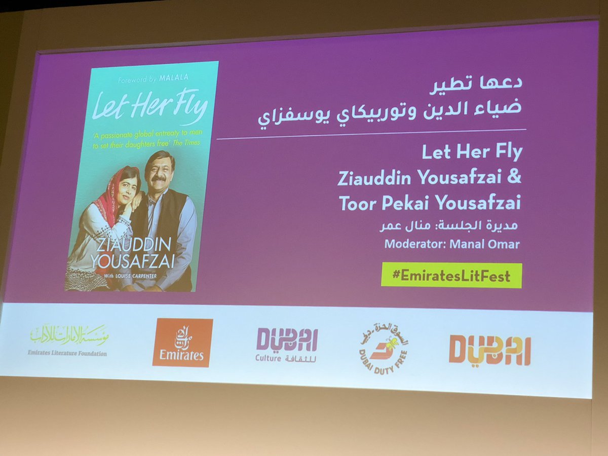 Deborah_Jane_'s tweet photo. “Let Her Fly” Ziauddin Yousafzai &amp; Toor Pekai Yousafzai parents of Malala Yousafzai in conversation with  Manal Omar
#EmiratesLitFest #eafol https://t.co/YPeGjB7uH3