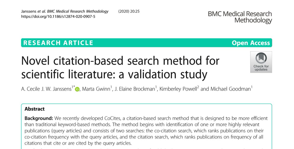 Am thrilled this paper is finally out. The most exciting project I've ever worked on, a totally new method for searching scientific literature with stunning results.

We work to launch the method as a webtool in the coming months. Stay tuned. @cocites
1/
link.springer.com/epdf/10.1186/s…