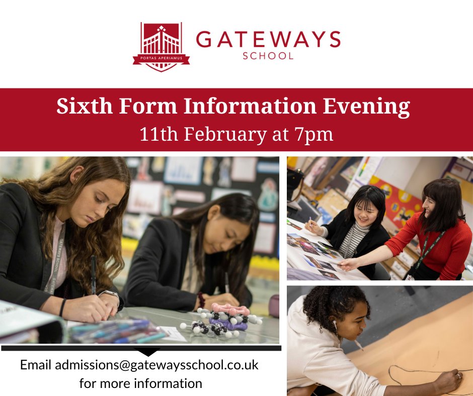 Gatewaysschool's tweet image. Did you know our average class size for A Level is 4! Our pupils thrive with our small class sizes - come along to our Sixth Form Information Evening on Tuesday 11th Feb at 7pm. #sixthform #smallclasssizes #independentschool #alevels
