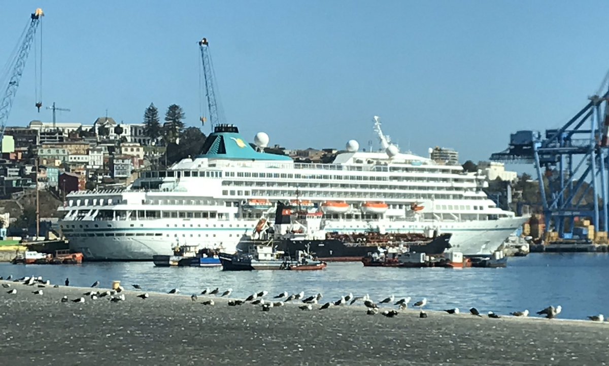 VtpValpo's tweet photo. En cinco días hemos recibido 4 cruceros, los que suman 3400 turistas. Hoy llegó el crucero Amera, de la naviera Phoenix Reisen, con 350 visitantes. La nave estará en Valparaíso hasta mañana y los viajeros ya tienen tours para conocer los atractivos de la ciudad. @PhoenixReisen https://t.co/Y9RBXxLatJ