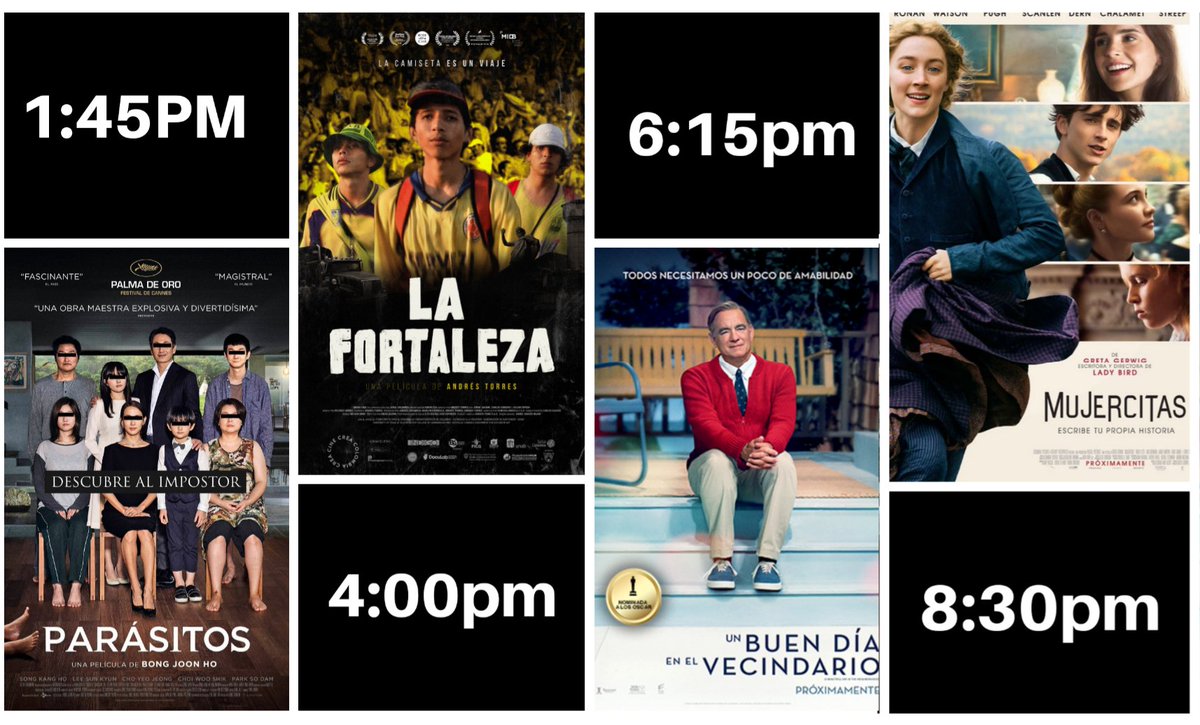 cinematecaribe's tweet photo. VIERNES DE PELÍCULA EN SALA COUNTRY!

PARÁSITO 1:45PM
LA FORTALEZA 4:00 POP N
UN BUEN DÍA EN EL VECINDARIO 6:15PM
MUJERCITAS 8:30PM
#barranquilla #parasite #oscars2020 #lafortalezadocumental #unbuendiaenelvecindario #mujercitas #elplandehoy #elplanquillero #vamosacine https://t.co/ioflFYKJX6