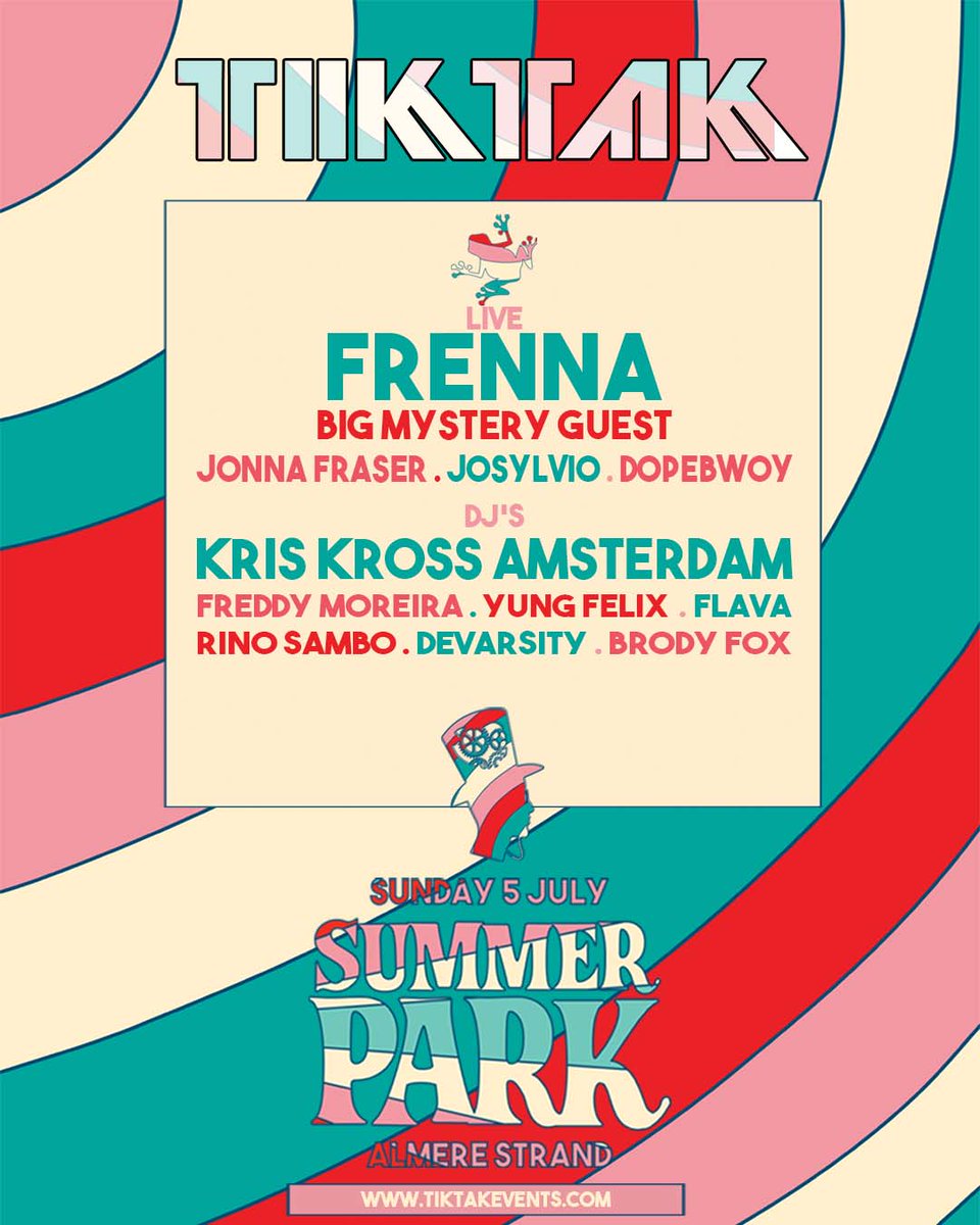 TIKTAKevents's tweet photo. YES, #Summerpark #Festival komt terug! En natuurlijk vind je ons daarom 5 juli op het #Almerestrand met een heerlijke lineup inclusief een #mysteryguest! Vanaf morgen begint de Early Bird-kaartverkoop dus get ready! https://t.co/bw4Wj2R9EM https://t.co/1s4FUO8wxr