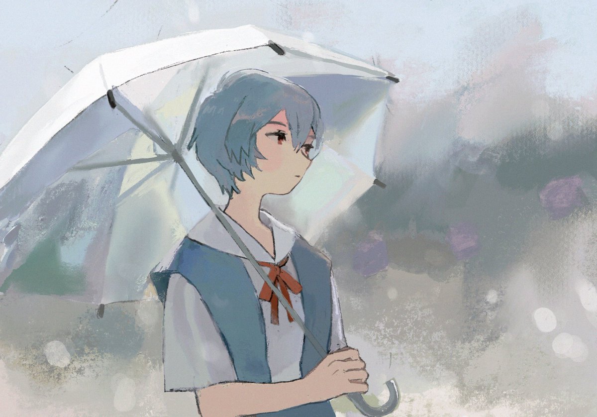 ayanami rei 1girl solo umbrella blue hair tokyo-3 middle school uniform short hair school uniform  illustration images